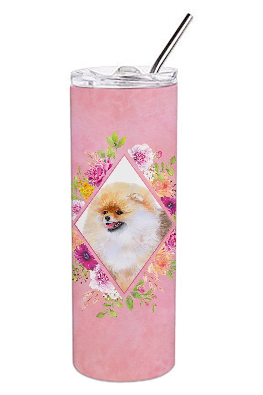 Pomeranian #2 Pink Flowers Double Walled Stainless Steel 20 oz Skinny Tumbler