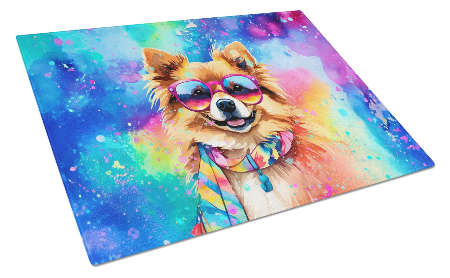 Pomeranian Hippie Dawg Glass Cutting Board Large 12 in x 15 in