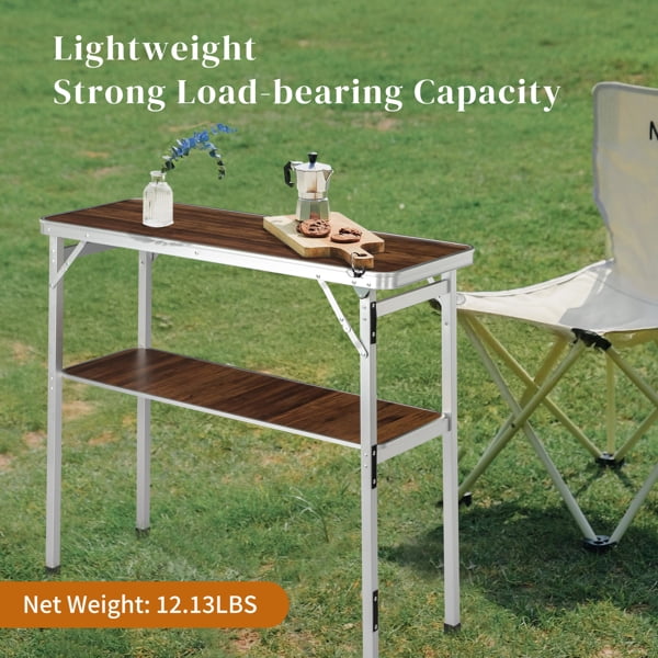 Portable Folding Bar Table with Shelf, Tradeshow Podium Table with Black Skirt and Carrying Bag, for Indoor Outdoor Party Picnic Exhibition, Brown Wood Tone