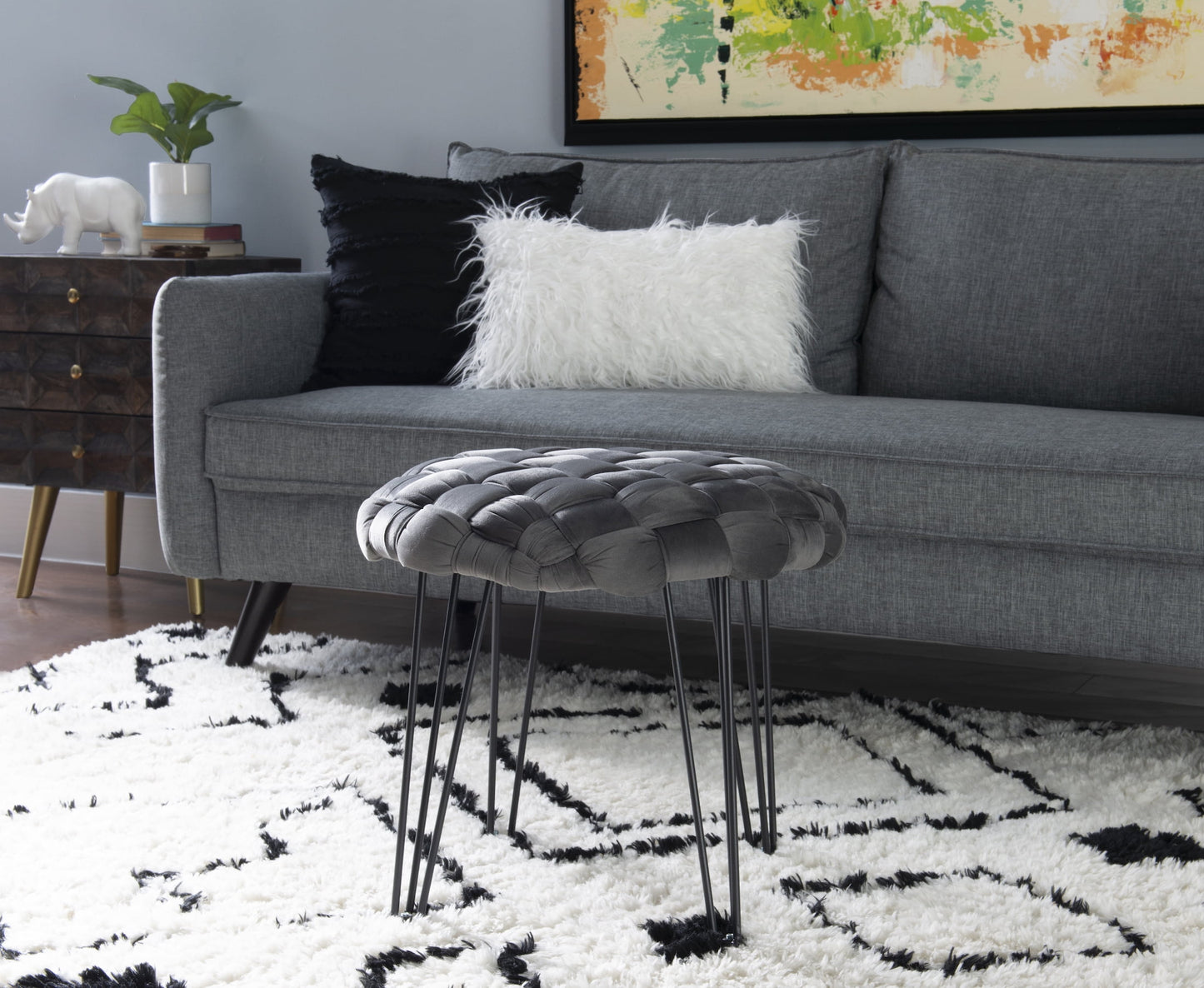 Powell Anya Round Handwoven Velvet Ottoman with Hairpin Legs, Gray