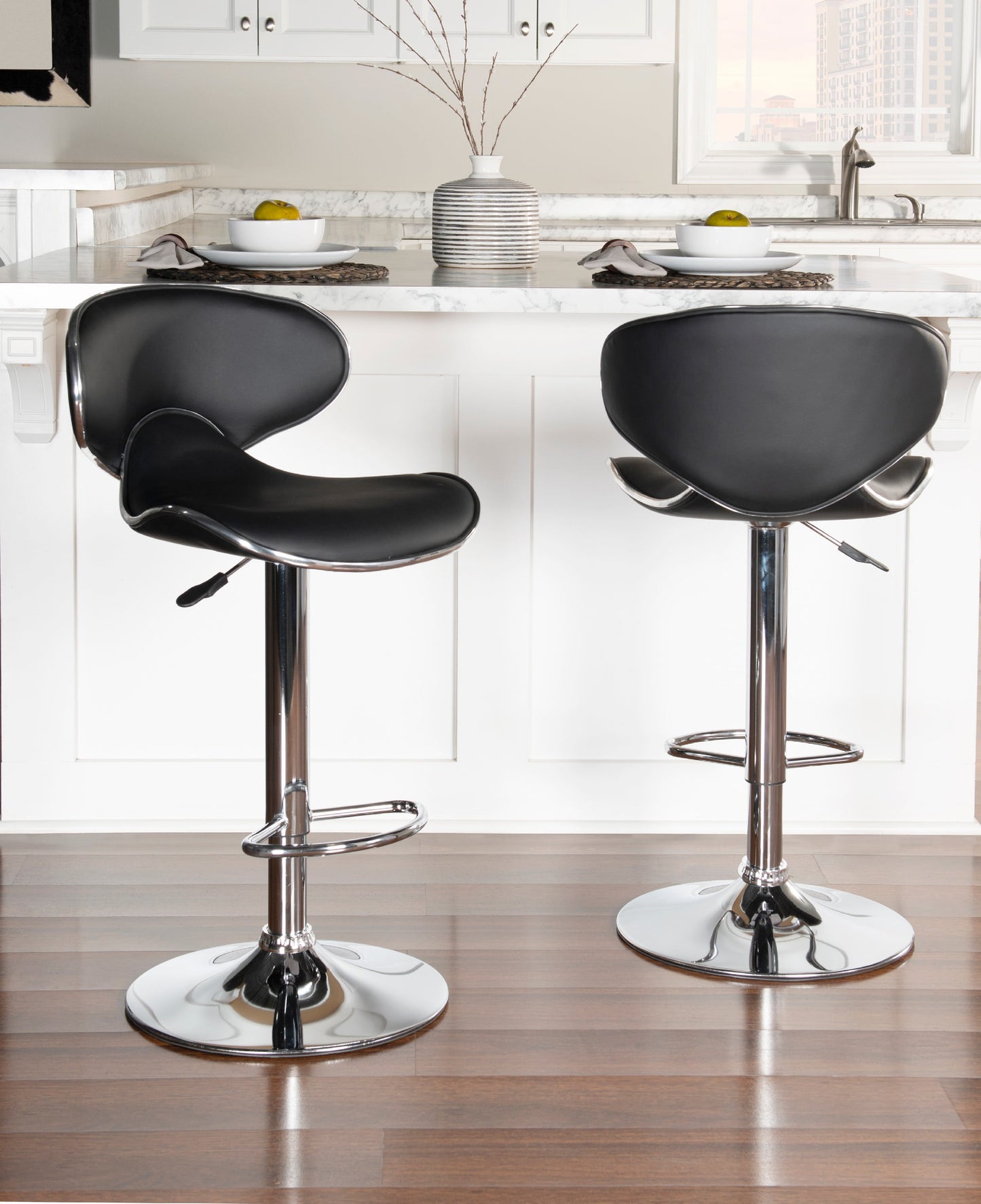 Powell Rounded Back Bar Stool, 24"-32" Adjustable Height, Chrome with Black Faux Leather, Includes 1 Stool