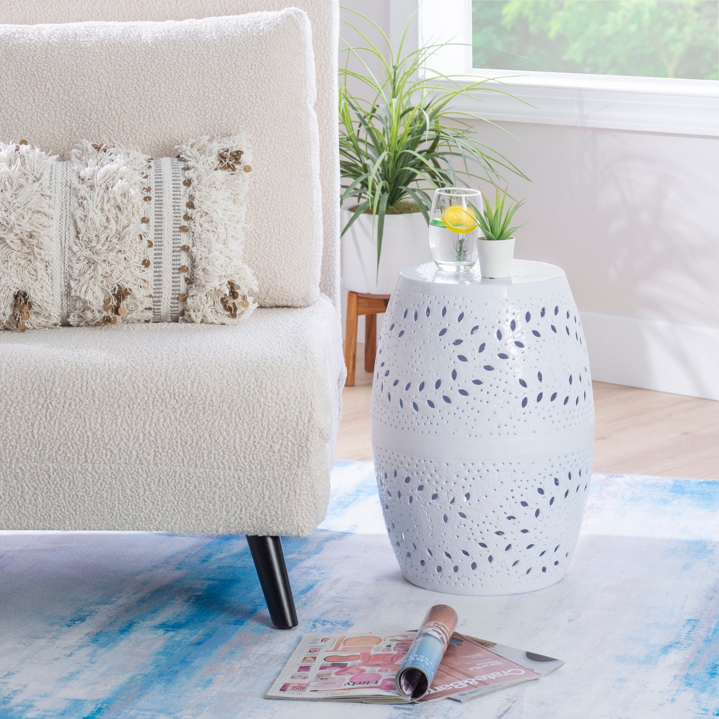 Powell Shanice Round Lace Cut Metal Indoor Accent Side Table, 19" Tall, White