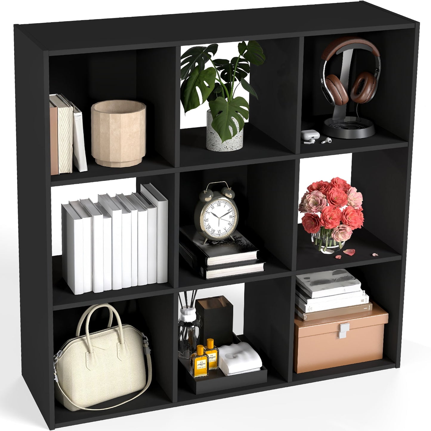 Prilinex 9 Cube Storage Organizer, Stackable Cube Bookshelf, Wood Cubes Shelf Open Storage Shelf for Toy &Clothes Book Organization, Blakck