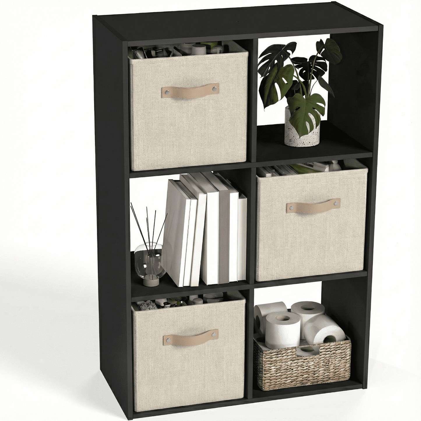Prilinex Stackable 6 Cube Storage Organizer, Wood Cubes Shelf, Square Cubicle Bookshelf Cabinet, Open Storage Shelf for Home&Office Organization, Black
