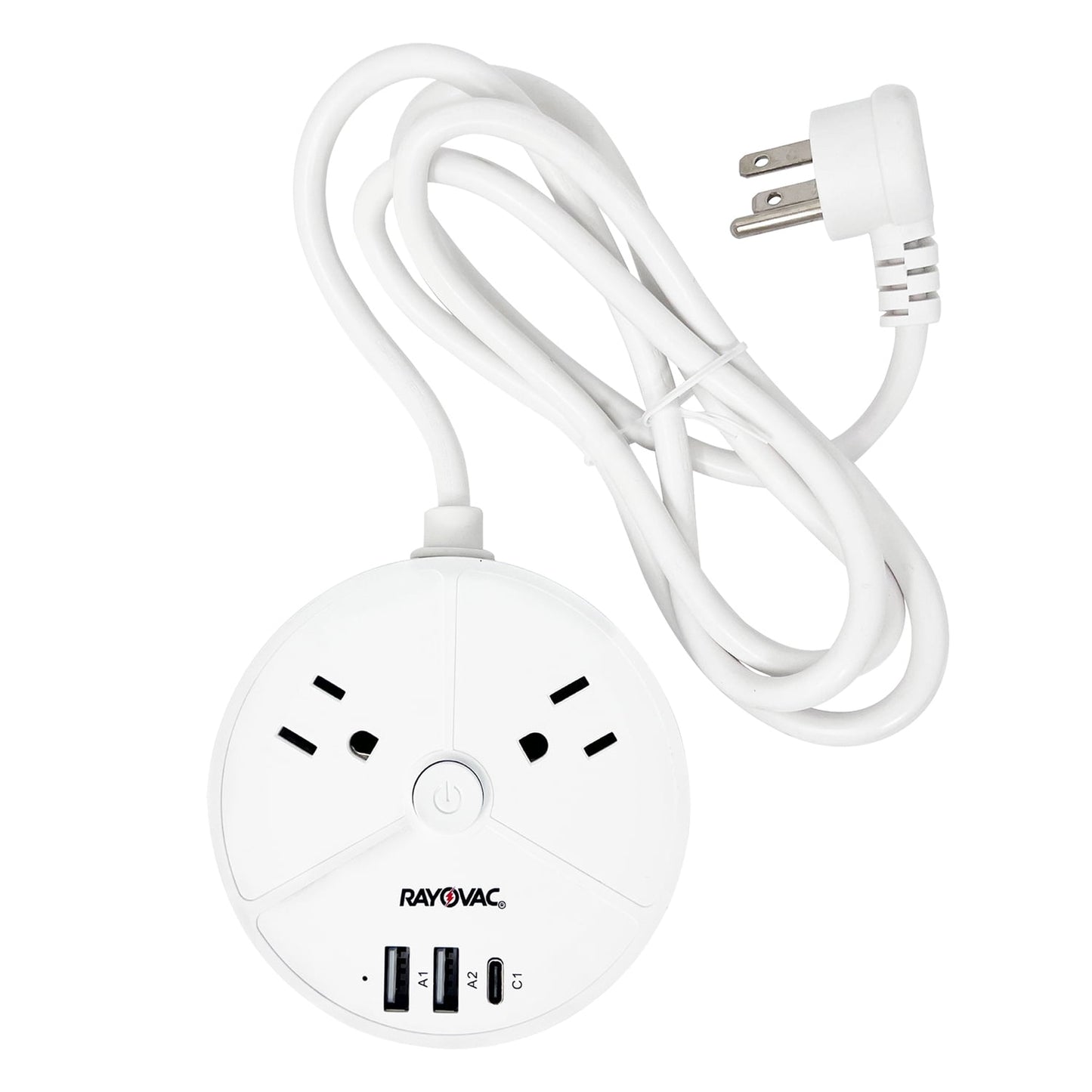 RAYOVAC Charge Disk 2-AC Outlet 540-Joules Surge Protector with 2 USB-A and 1 USB-C Ports, 5-Ft. Cord SS-P203