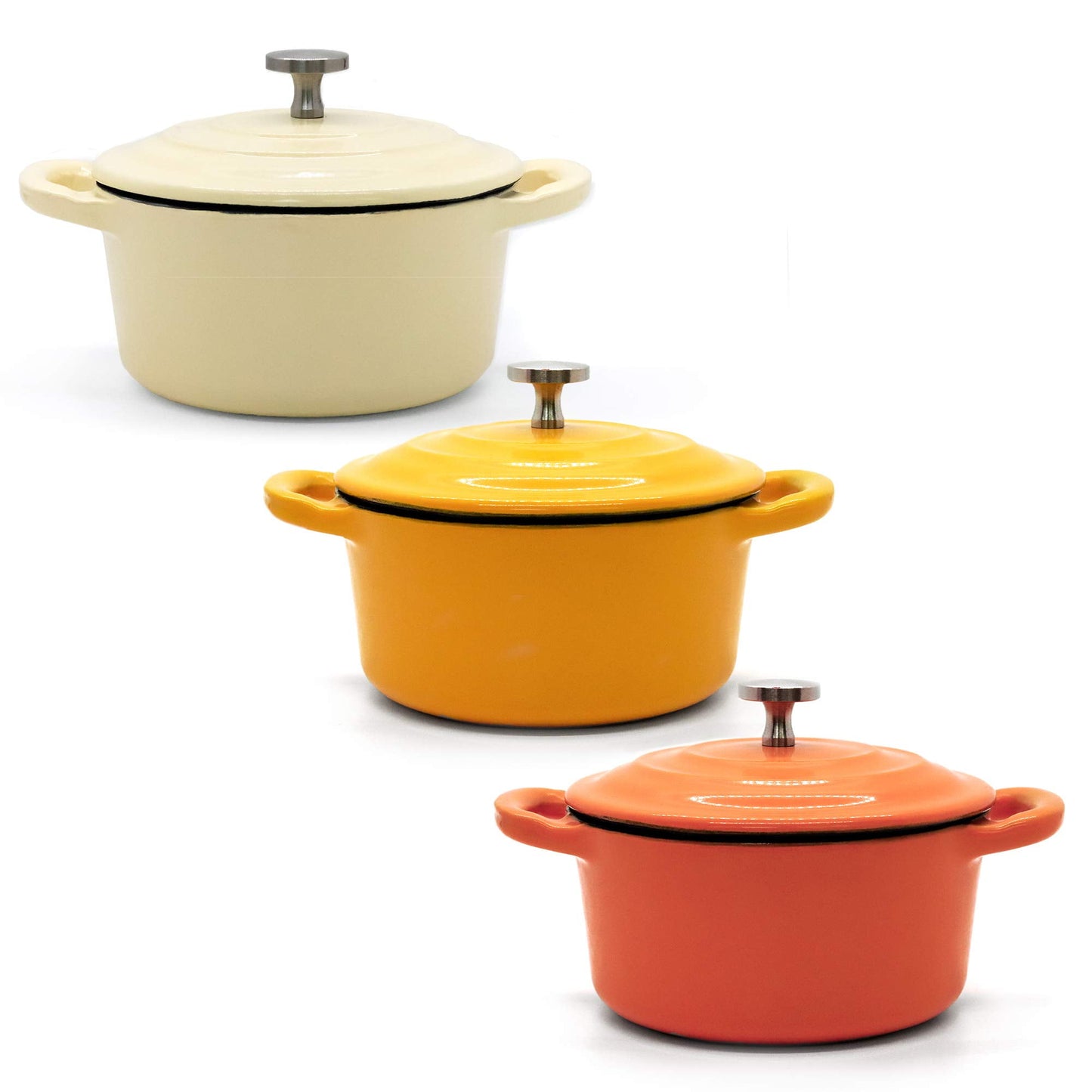 RJ Legend 8.5 oz Cast Iron Pot, Enameled Cast Iron Mini Pot, Round Mini Cocotte, 5.5-Inch Cast Iron Pot with Lid, 3-Piece Cast Iron Set - Orange - White - Yellow