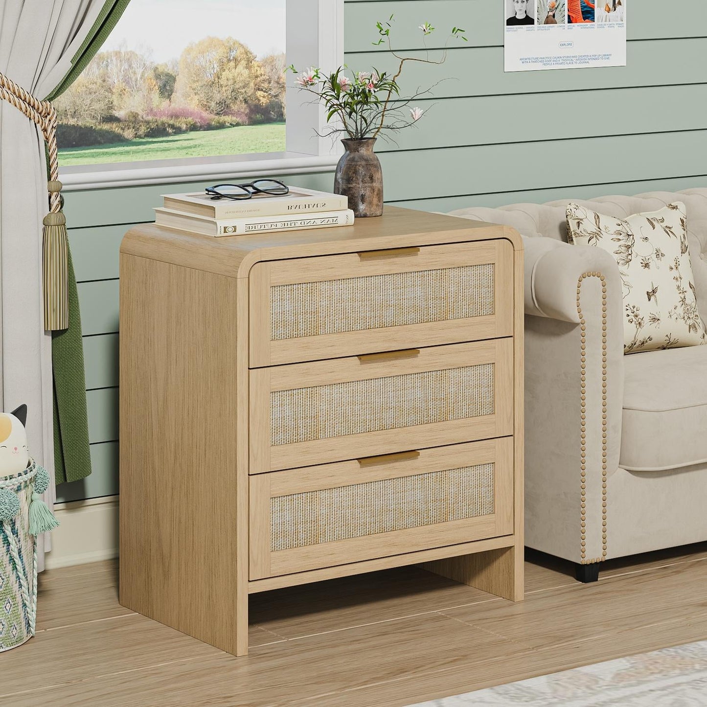 Rattan Nightstand with 3 Drawers, 22.8 Inch Curved Wooden Bedside Table with Gold Handles, Modern Storage for Bedroom, Stylish, Caramel Oak