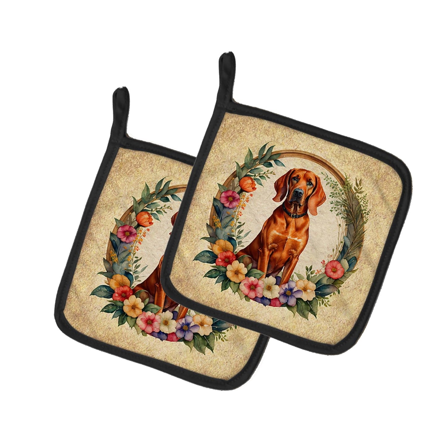 Redbone Coonhound and Flowers Pair of Pot Holders 7.5 in x 7.5 in