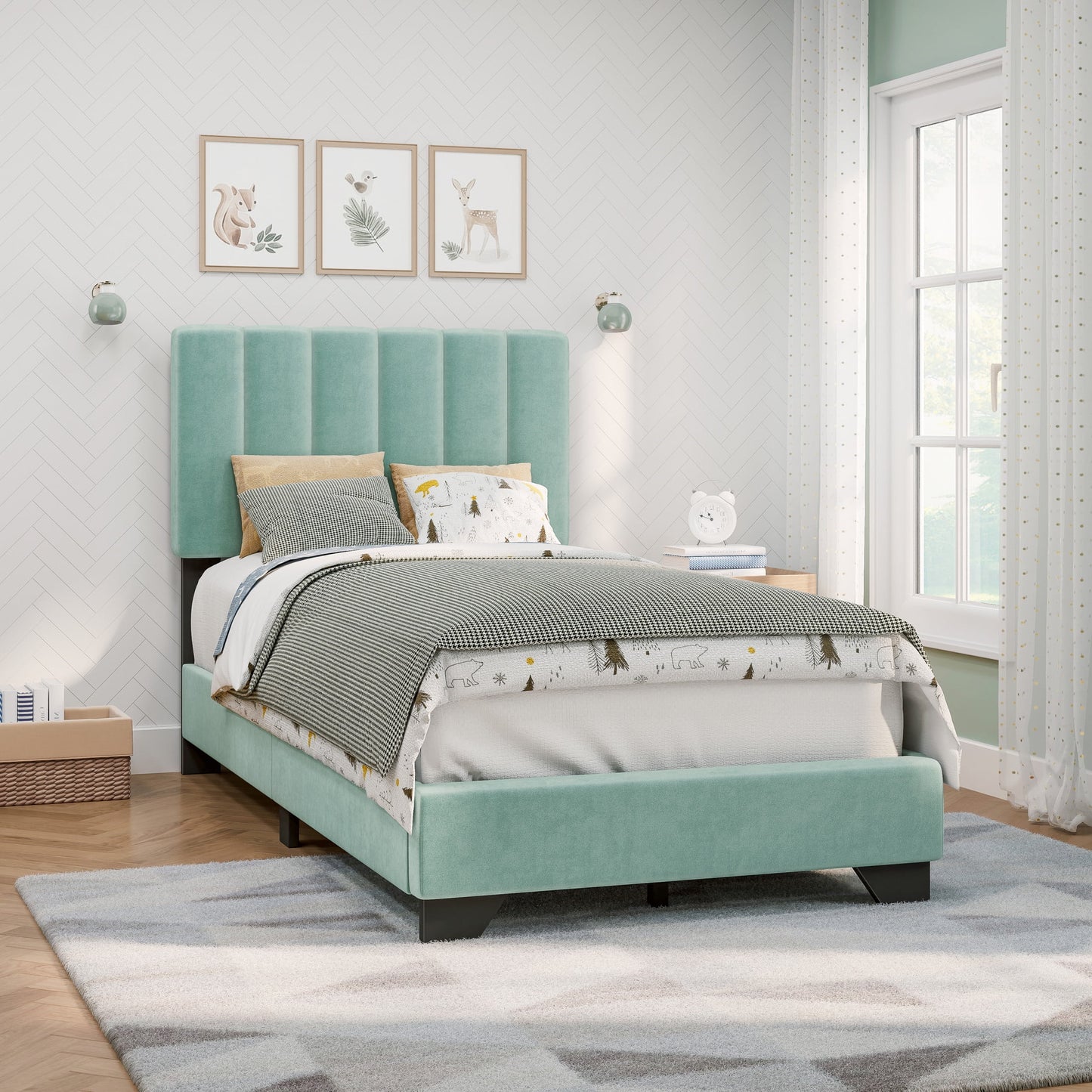 Reece Cama Twin Tapizada con Costuras en Canales, Verde Caribe, de Hillsdale Living Essentials