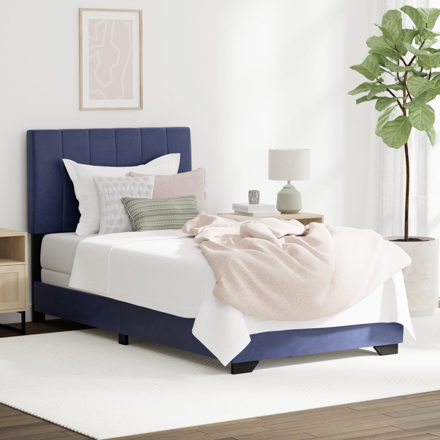 Reece Channel Stitched Upholstered Twin Bed, Sapphire, by Hillsdale Living Essentials