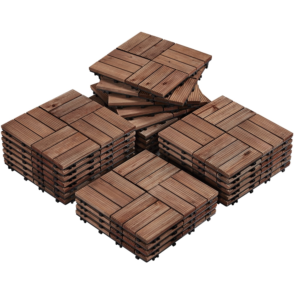 Renwick Fir Wood Outdoor Interlocking Flooring Tiles for Balcony Patio Garden, 12" x 12", Brown, Pack of 27