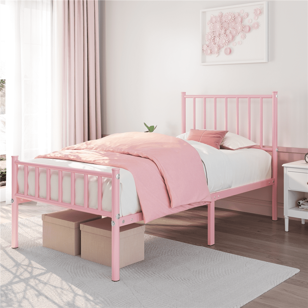 Renwick Justin Metal Platform Bed with Spindle Headboard and Footboard, Twin, Pink, Adult