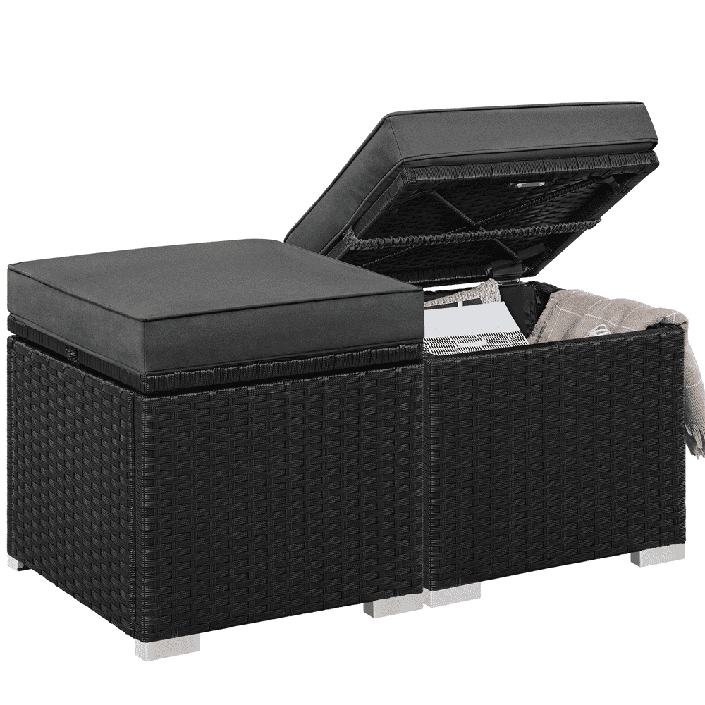Renwick Wicker Patio Storage Ottomans with Cushions, Set of 2, Black/Gray