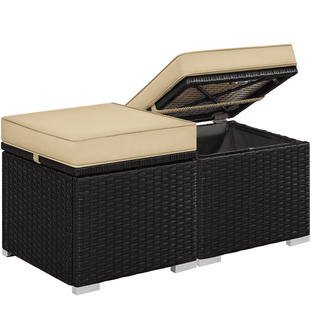 Renwick Wicker Patio Storage Ottomans with Cushions, Set of 2, Brown/Khaki