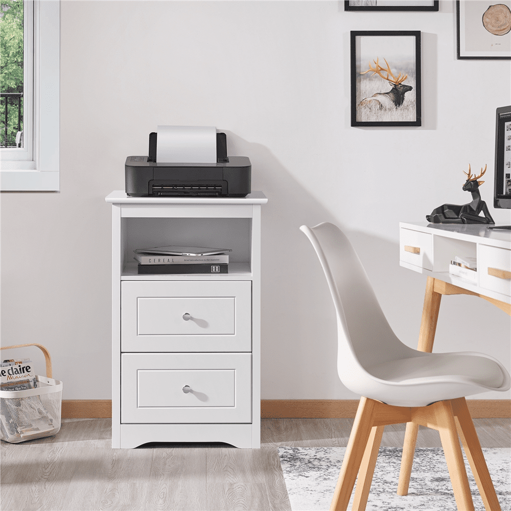 Renwick Wooden Nightstand with Storage Drawers and Open Shelf, Black