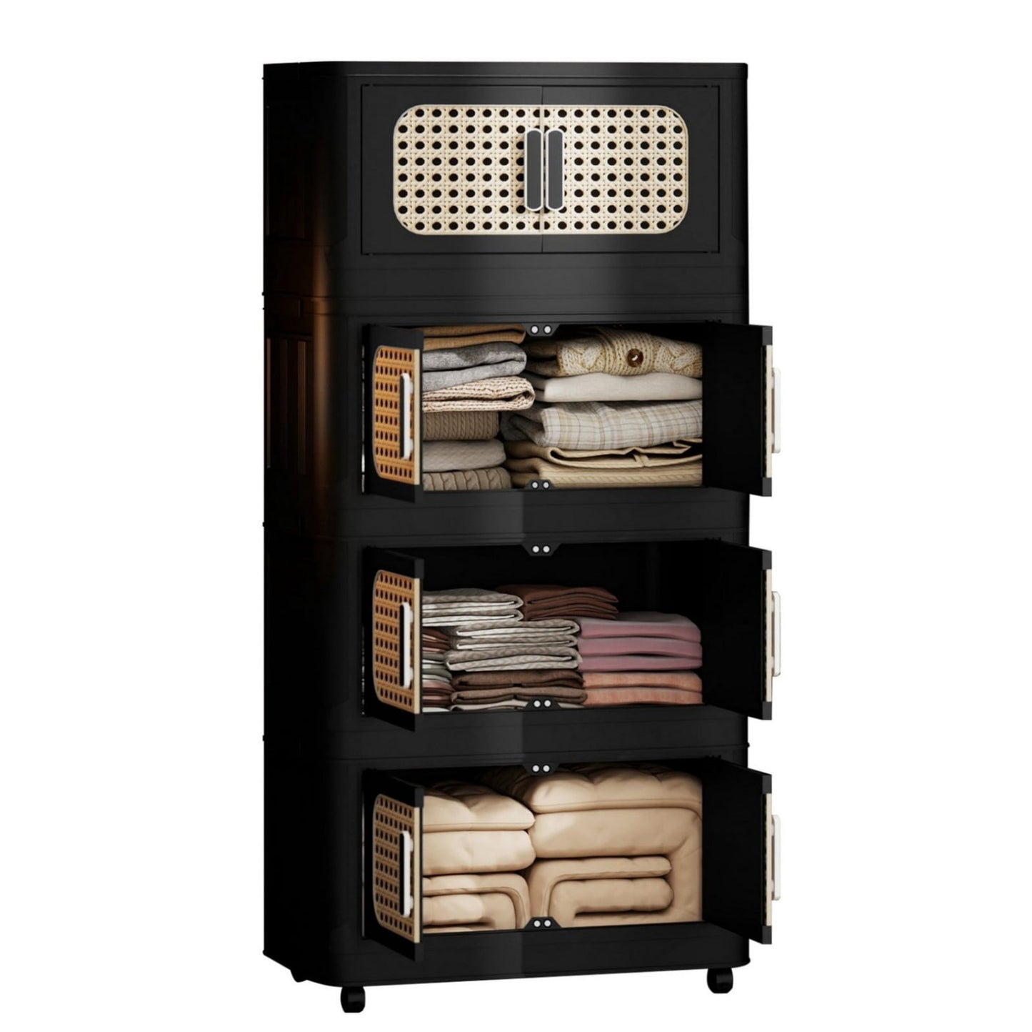 Retro Folding Storage Cabinet with Wheels, 4-Tier Collapsible Plastic Storage Organizer with Magnetic Door, Portable Side Storage Cabinet for Living Room, Bedroom, Kitchen, Black