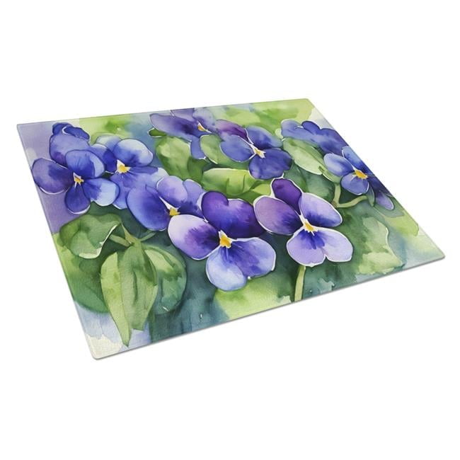 Rhode Island Violets in Watercolor Glass Cutting Board Large 12 in x 15 in
