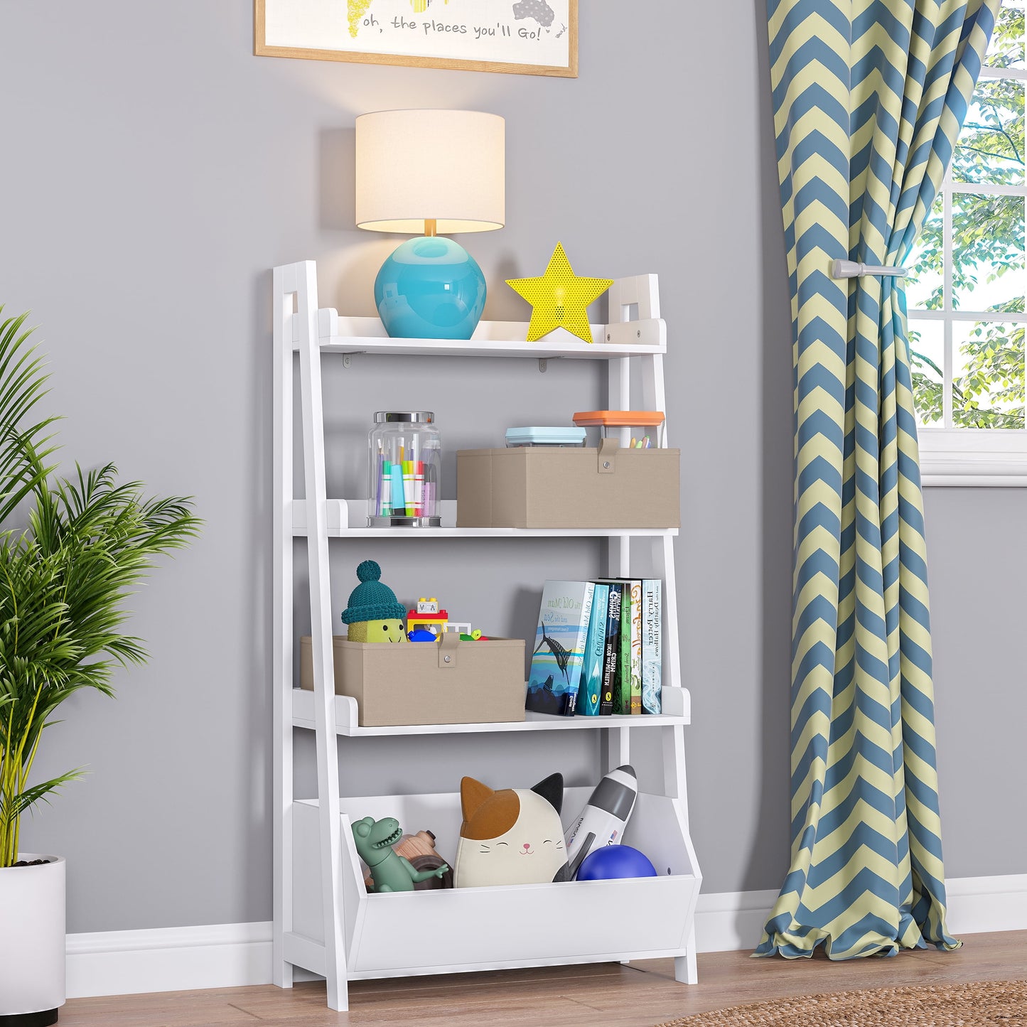 RiverRidge Kids 24in 4-Tier Ladder Shelf with Toy Organizer and Book Storage - White