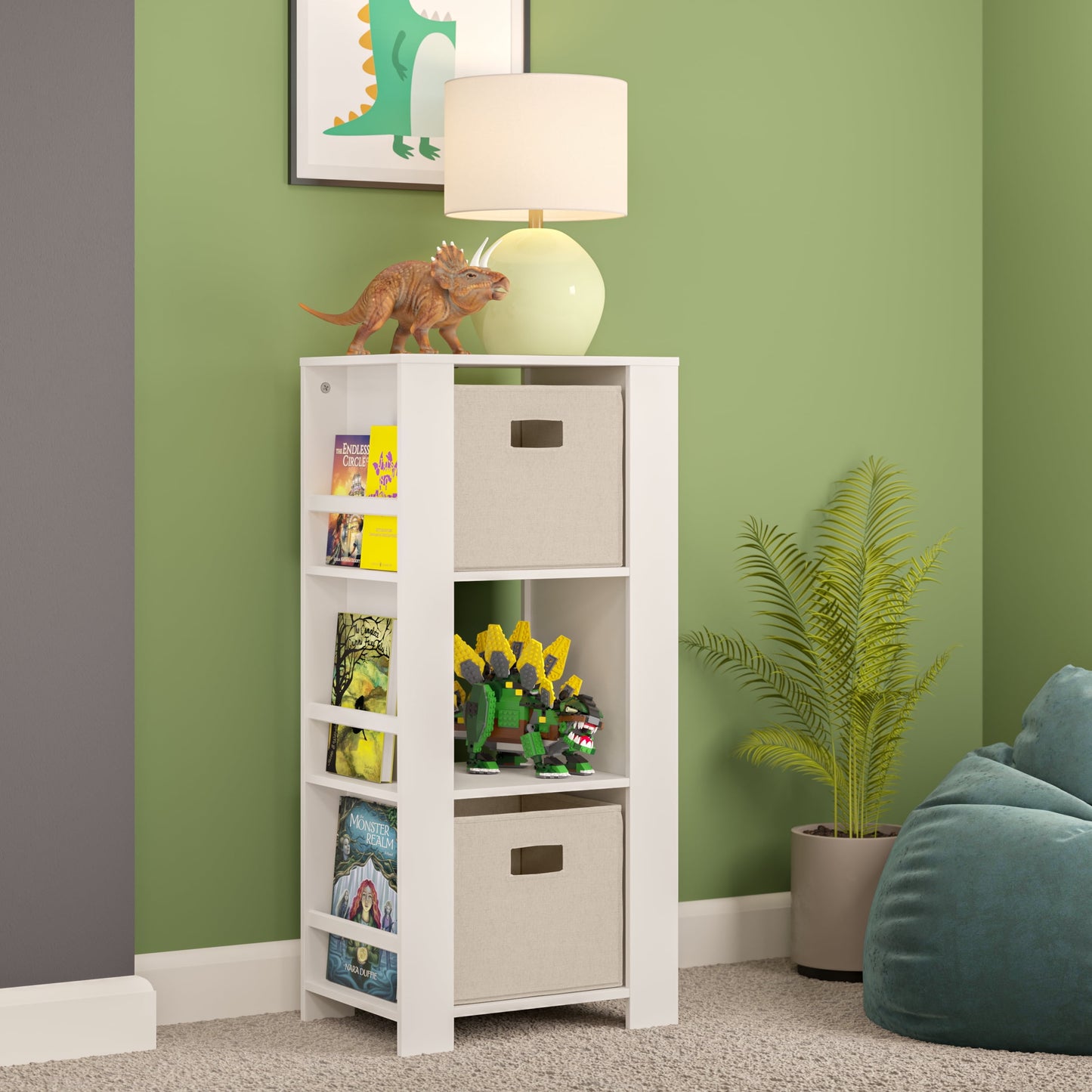 RiverRidge Kids Bookshelf Toy Organizer Tower with 3 Cubbies 6 Bookracks and 2 Taupe Bins