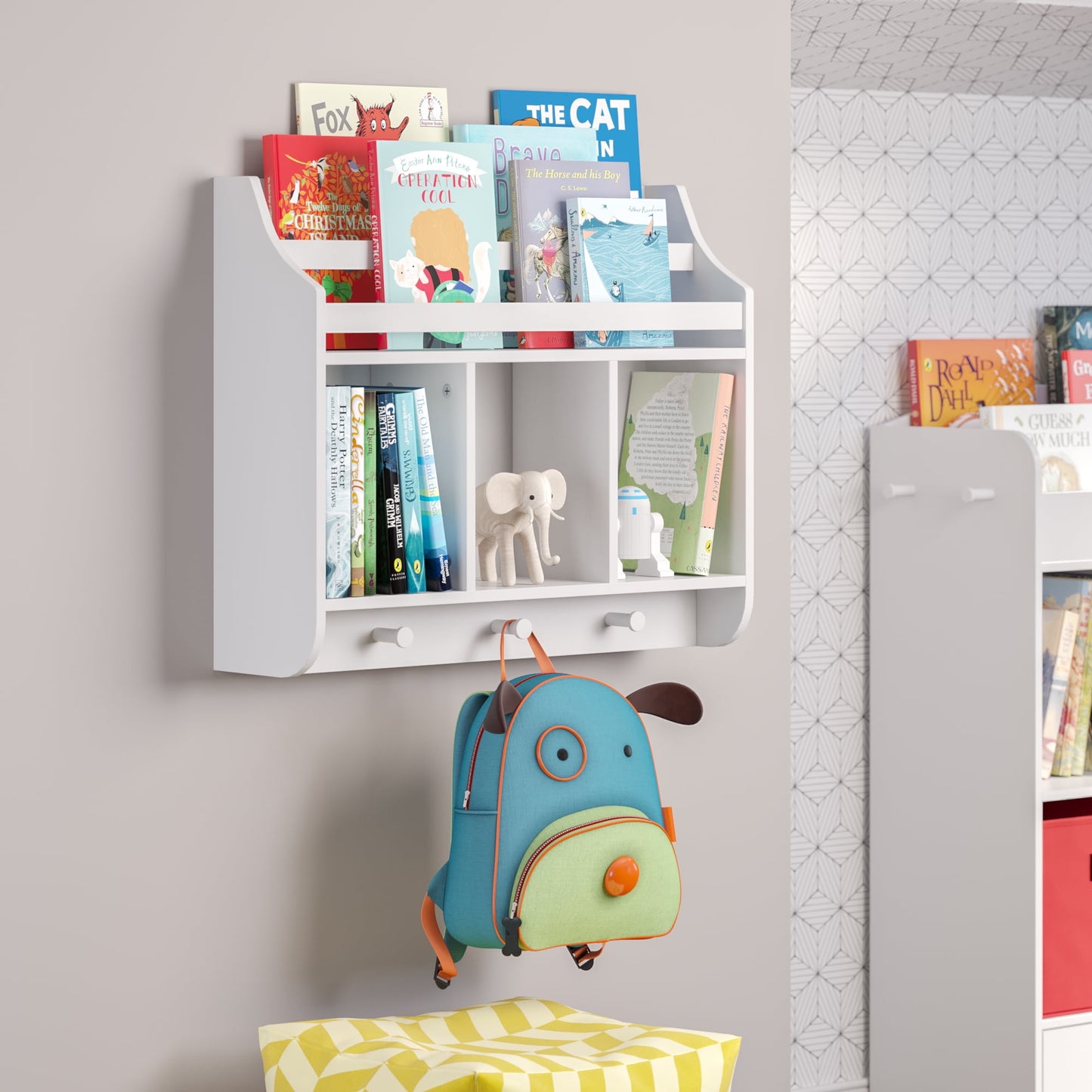 RiverRidge Kids Wall Mounted Bookshelf and Toy Storage Organizer for Playroom - White