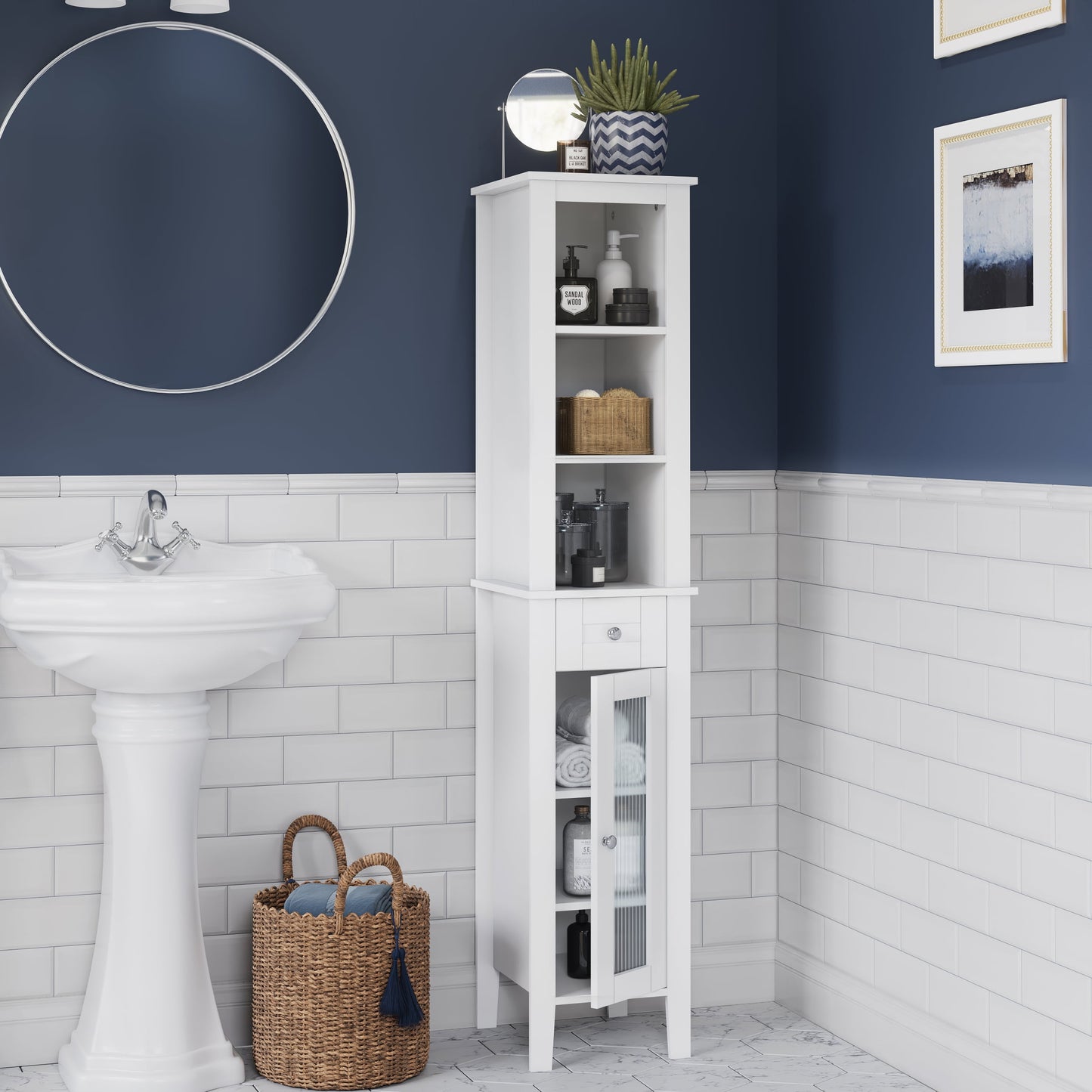 RiverRidge Prescott Tall Slim Bathroom Linen Storage Cabinet Organizer Shelf - White