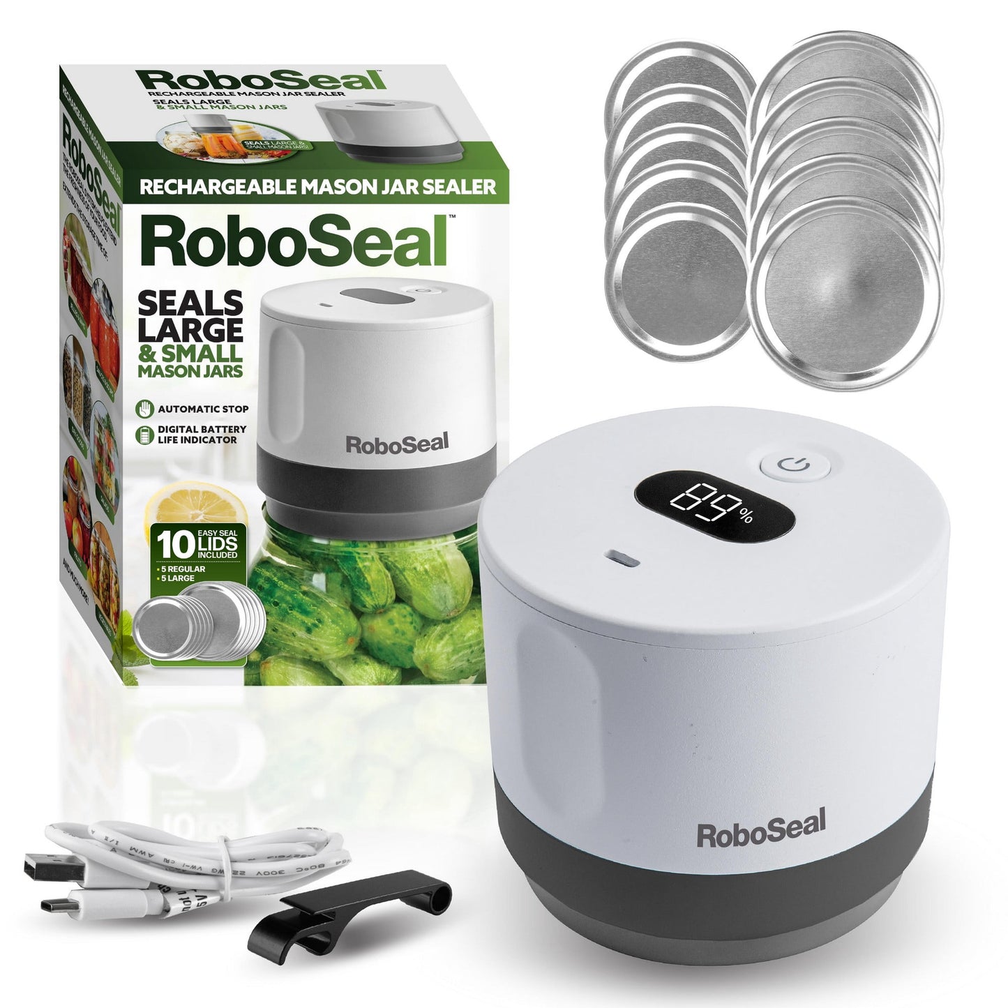 RoboSeal Kit de Sellador Al VacÃo Recargable para Frascos Mason con 10 Tapas - Operación de 1 Toque, Conservador de Alimentos con Parada Automática