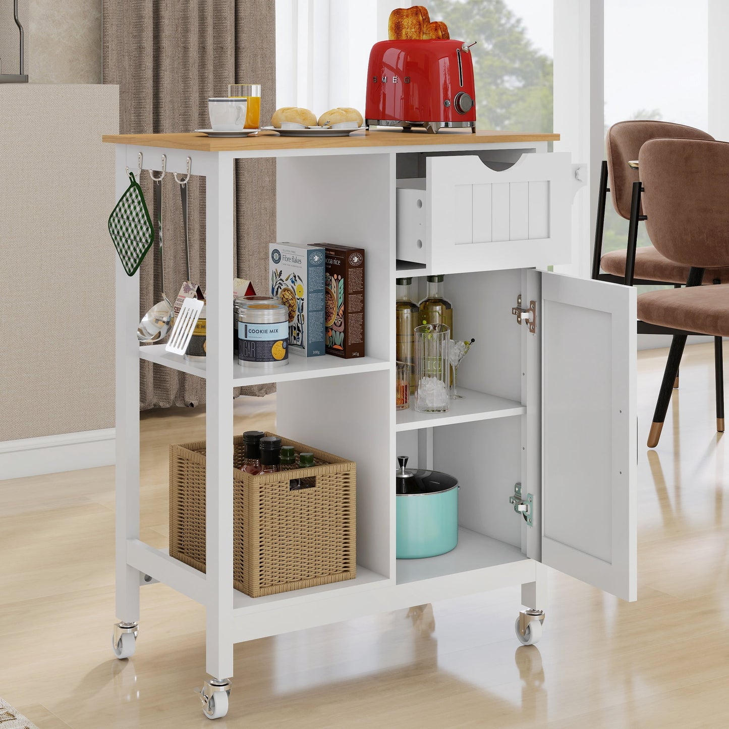 Rolling Kitchen Island Cart with Storage Cabinet and Spice Rack, Mobile Kitchen Table and Serving Cart with Drawer and Towel Rack, White