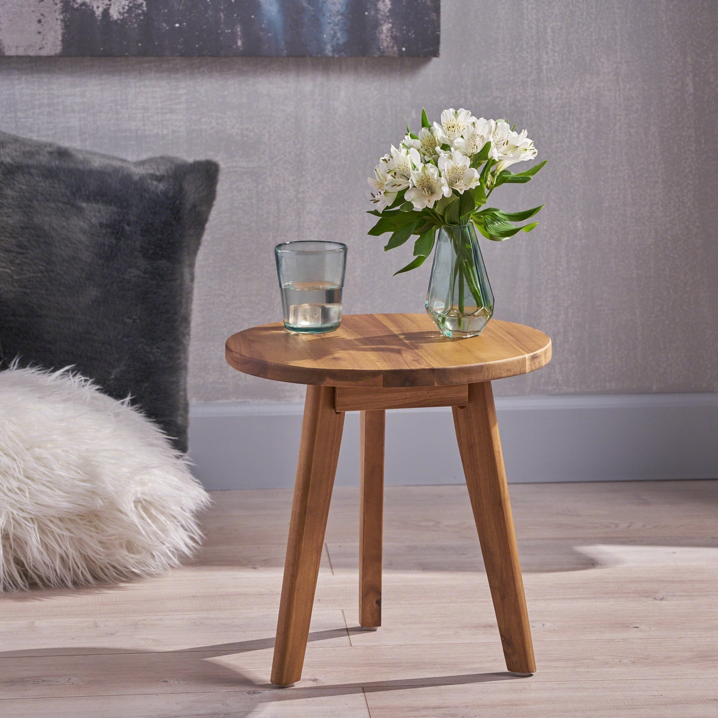 Round Acacia Wood Side Table, Mod‑Inspired Handcrafted End Table with 3 Angled Legs, Playful Accent Table for Living Room Bedroom Home Decor