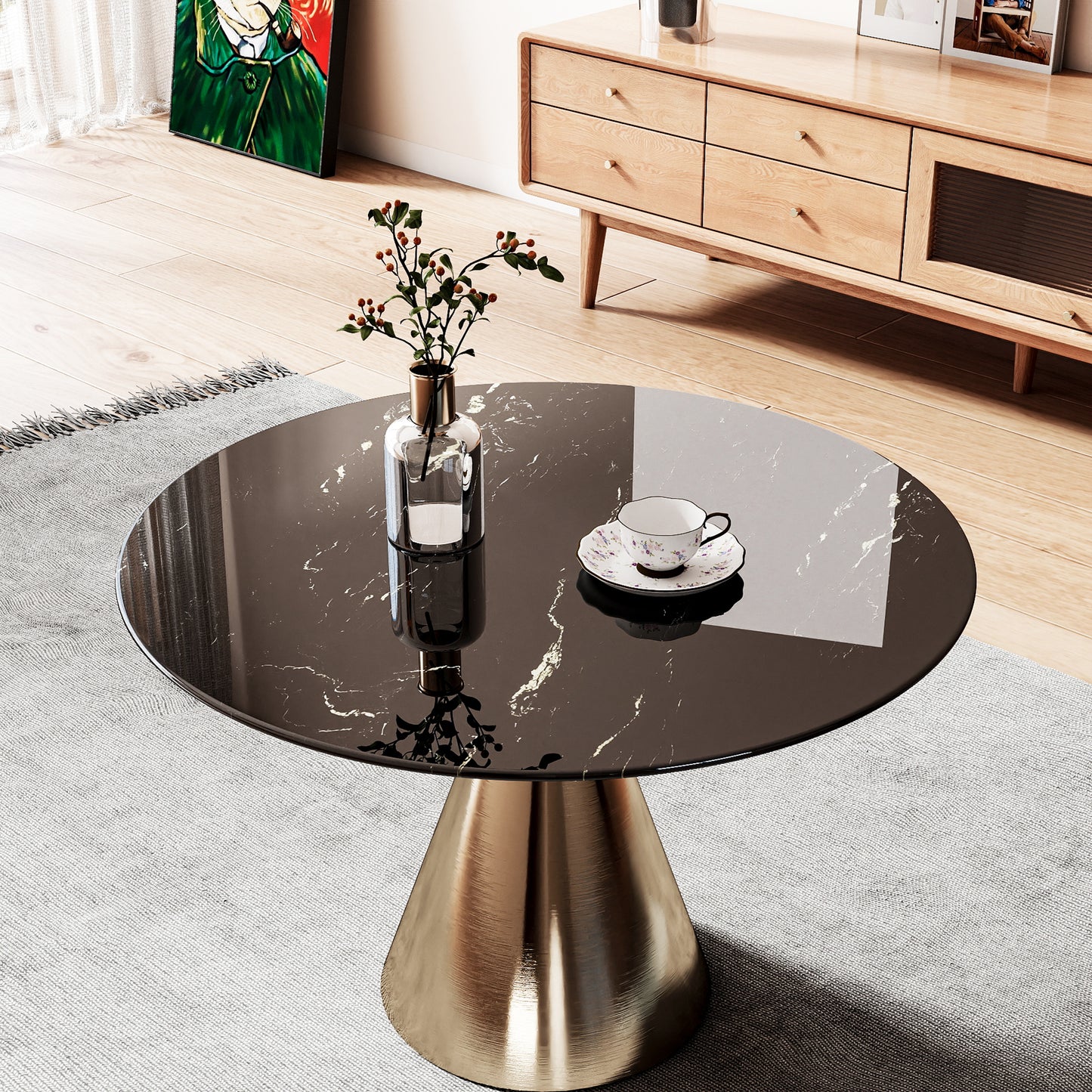 Round Glass Table Top, 30 Inch Marble Pattern Tempered Glass Replacement Desktop for Indoor Outdoor Patio Home Furniture, Black