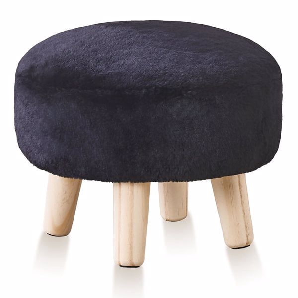 Round Mushroom Footstool Ottoman – Rabbit Wool Upholstered Small Stool with Solid Wood Legs, Cute Shoe Changing Stool, Step Stool, Sofa Footrest for Living Room & Bedroom Black