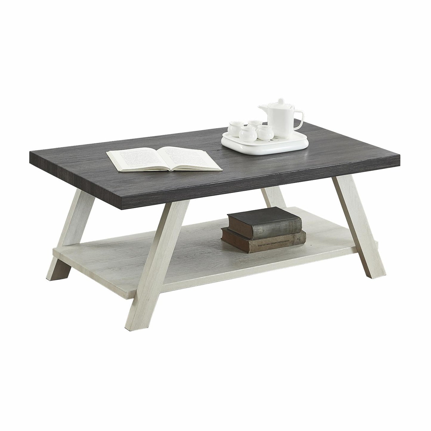 Roundhill Furniture Athens Wood Coffee Table with Shelf Weathered Charcoal/Beige