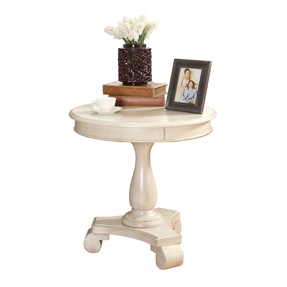 Mesa Auxiliar Redonda de Madera con Pedestal, Blanca