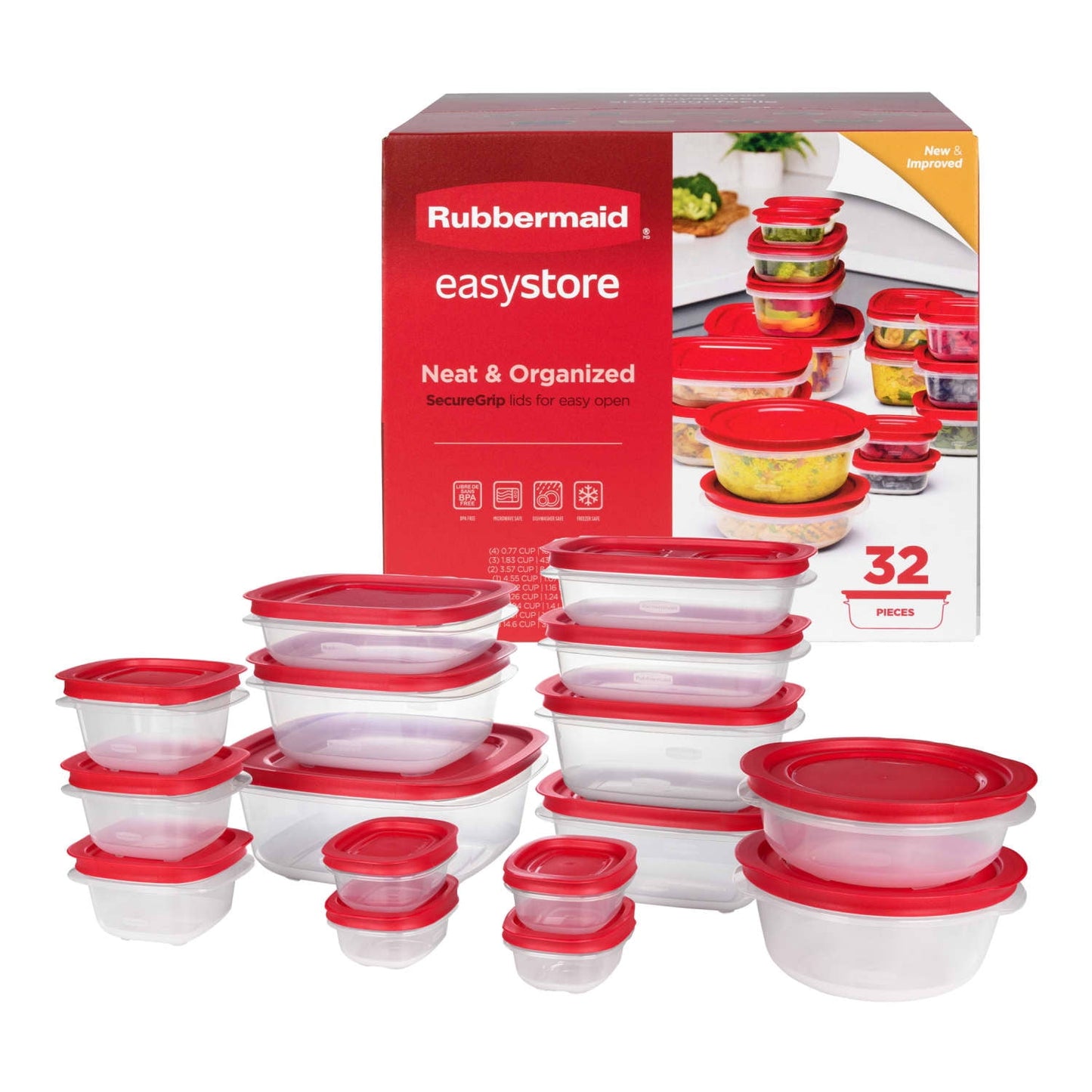 Rubbermaid EasyStore Rectangle, Square, and Round Containers, 32-Piece Set, Food Storage Containers, Food Storage Containers with Lids