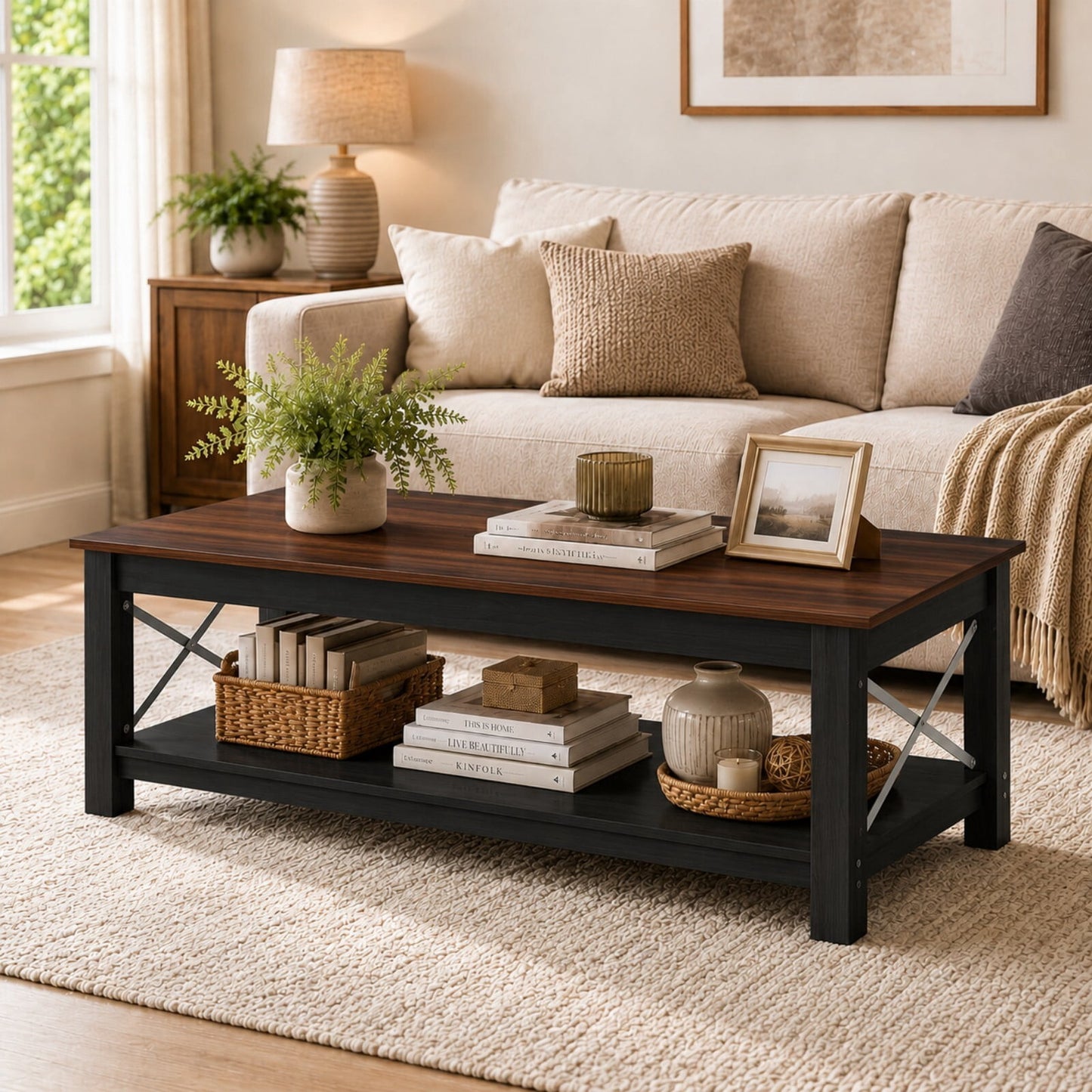 Cenovo Rectangular 2-Tier Coffee Table with Open Storage Shelf Modern Farmhouse Center Table for Living Room,Walnut Brown