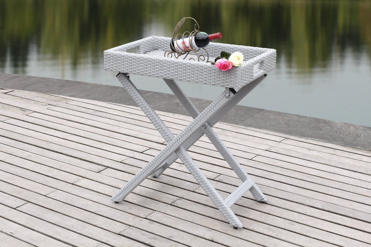 SAFAVIEH Bardia Outdoor Patio Wicker Folding Tray Table, Grey