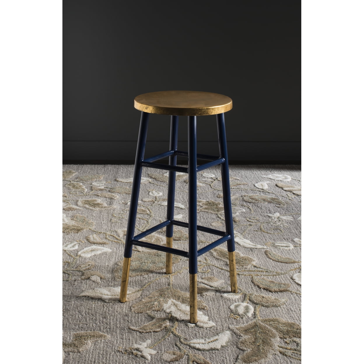 SAFAVIEH Emery 30" Solid Metal Gold Leaf Bar Stool, Navy