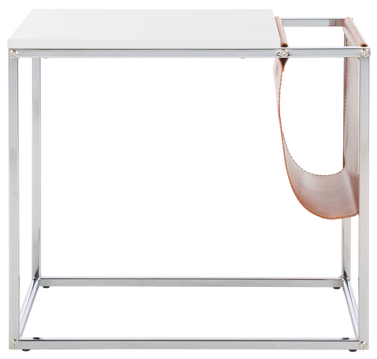 SAFAVIEH Eugenia Modern Style Side Table, White/Brown/Chrome (22 in. W x 13.8 in. D x 19.7 in. H)