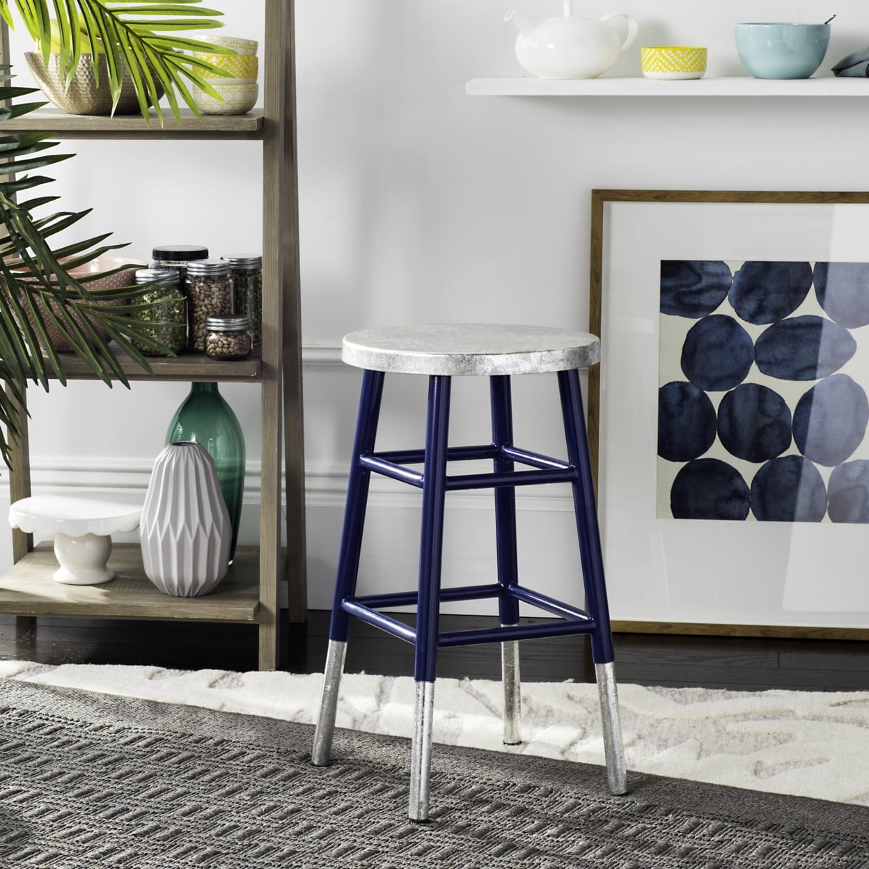 SAFAVIEH Kenzie Iron Silver Dipped 24" Counterstool, Navy