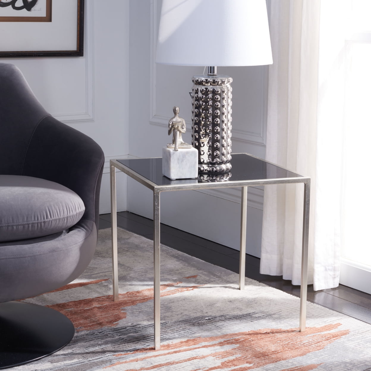 SAFAVIEH Kiley 18 in. H Classic Leaf Accent Table with Black Glass, Silver