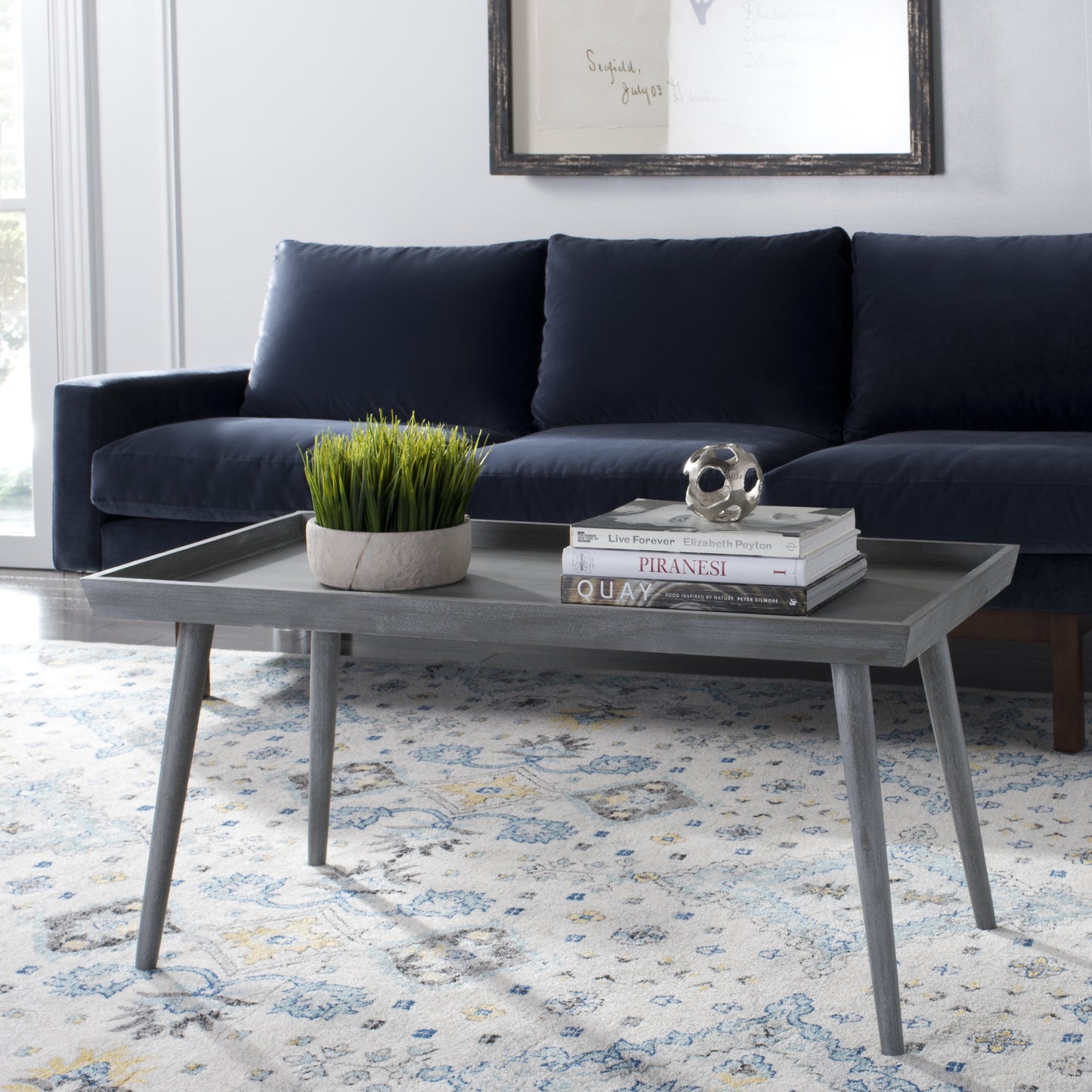 SAFAVIEH Nonie Modern Solid Coffee Table With Tray Top, Slate Grey