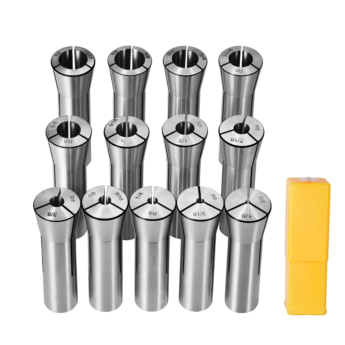 SKYSHALO 13-Piece R8 Collet Set, Sizes 1/8'' to 7/8'', Crafted from 45# Steel, Precision within 0.0012''/30μm TIR, Includes Labeled Storage Cases, Suitable for Milling Machines, Drill Presses