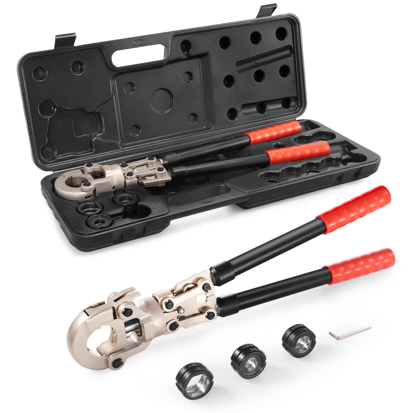 SKYSHALO Copper Press Tool Tube Fittings Crimping Kit, Pro Press Crimper with 1/2", 3/4", 1" Quick Change Jaws, 360° Rotatable Crimp Tool & Locking Pin, Extendable Handle