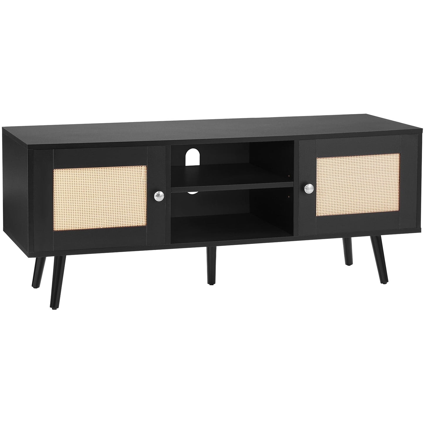 KFFKFF Rattan Television Stand, Bohemian Style Media Cabinet for 55" TVs, Contemporary Design with Adjustable Shelving, Ideal for Living Spaces and Entertainment Areas, in Black