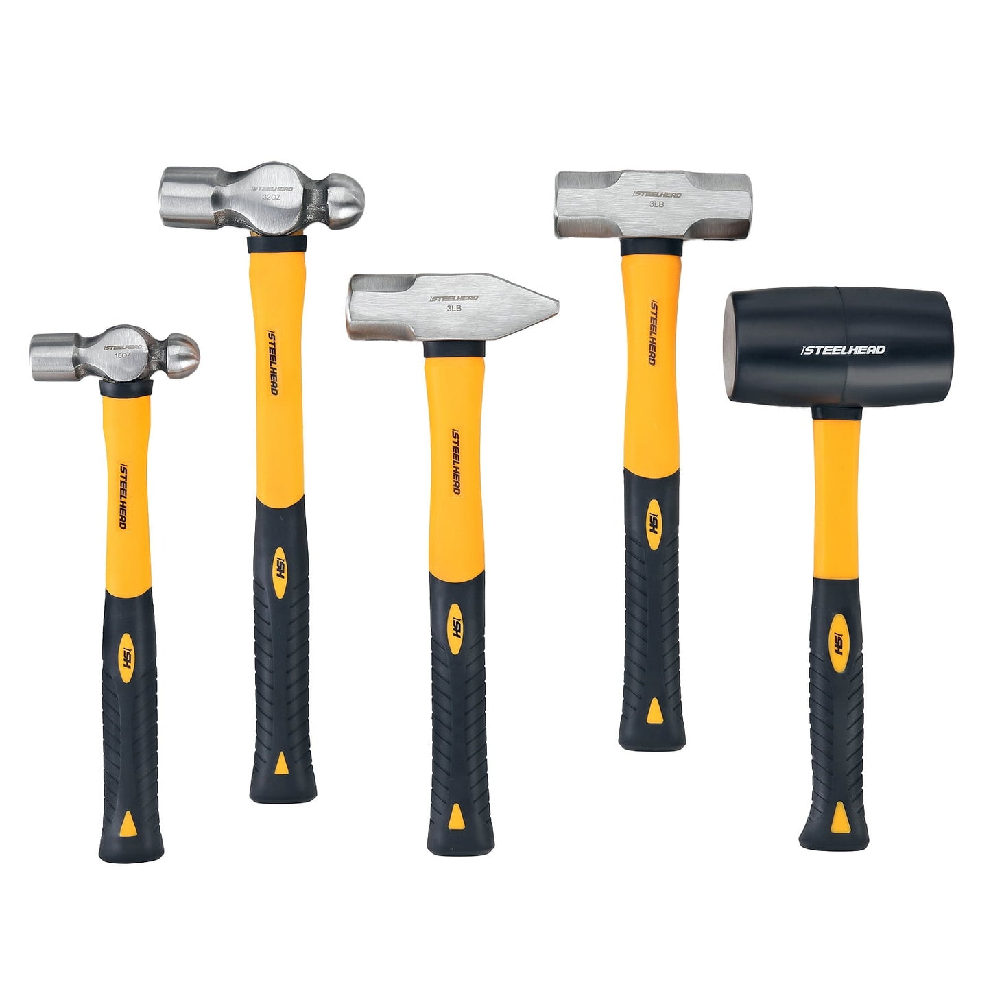 STEELHEAD 5-Piece Fiberglass Handle Hammer & Mallet Set, 16oz Ball-Peen Hammer, 32oz Ball-Pein Hammer, 32oz Rubber Mallet, 3lb Sledge Hammer, 3lb Cross-Pain Hammer
