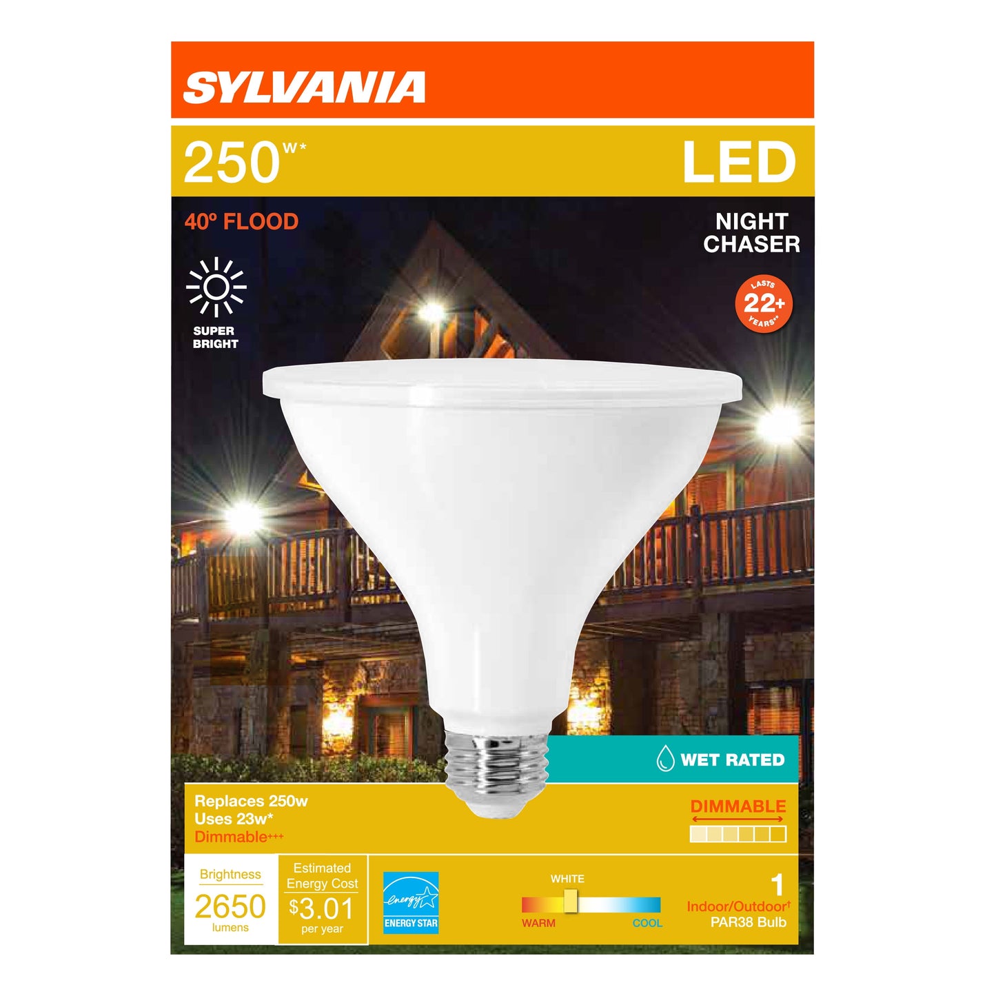 SYLVANIA PAR38 Night Chaser Bombilla LED 250W, 40* Extendido de Haz, Atenuado, Blanco Neutro, 13 Años