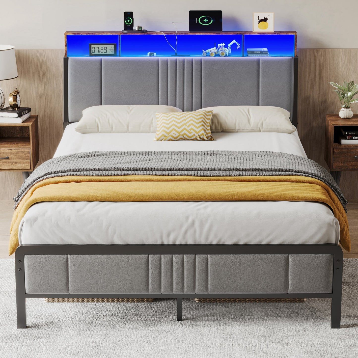 Sailvan Queen Bed Frame, Metal Bed Frames with Upholstered Headboard, LED Light & Charging Station, No Box Spring Needed, Gray Velvet
