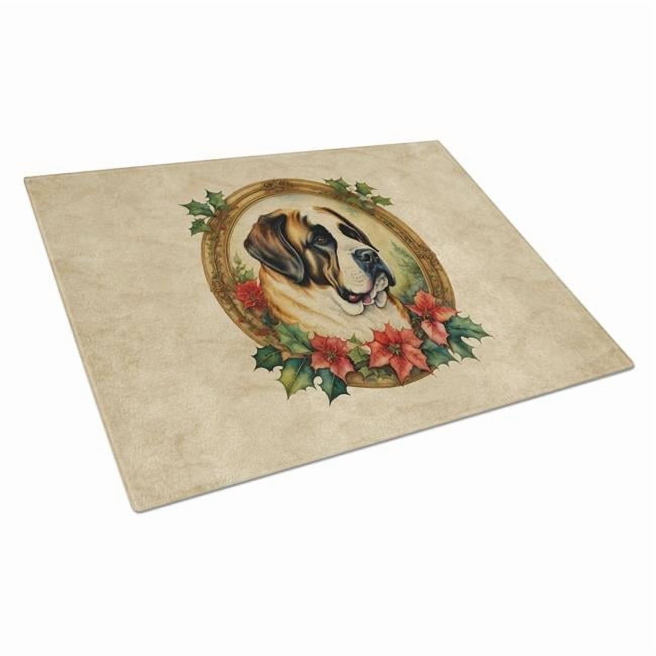 Saint Bernard Christmas Flowers Glass Cutting Board 12 in x 15 in