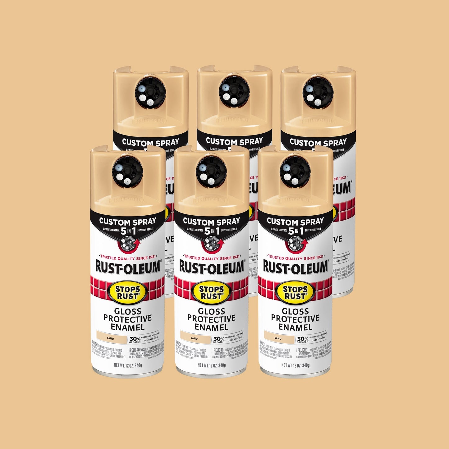 6 Pack, Sand, Rust-Oleum Stops Rust Custom Spray 5 in 1 Gloss Spray Paint-376905, 12 oz