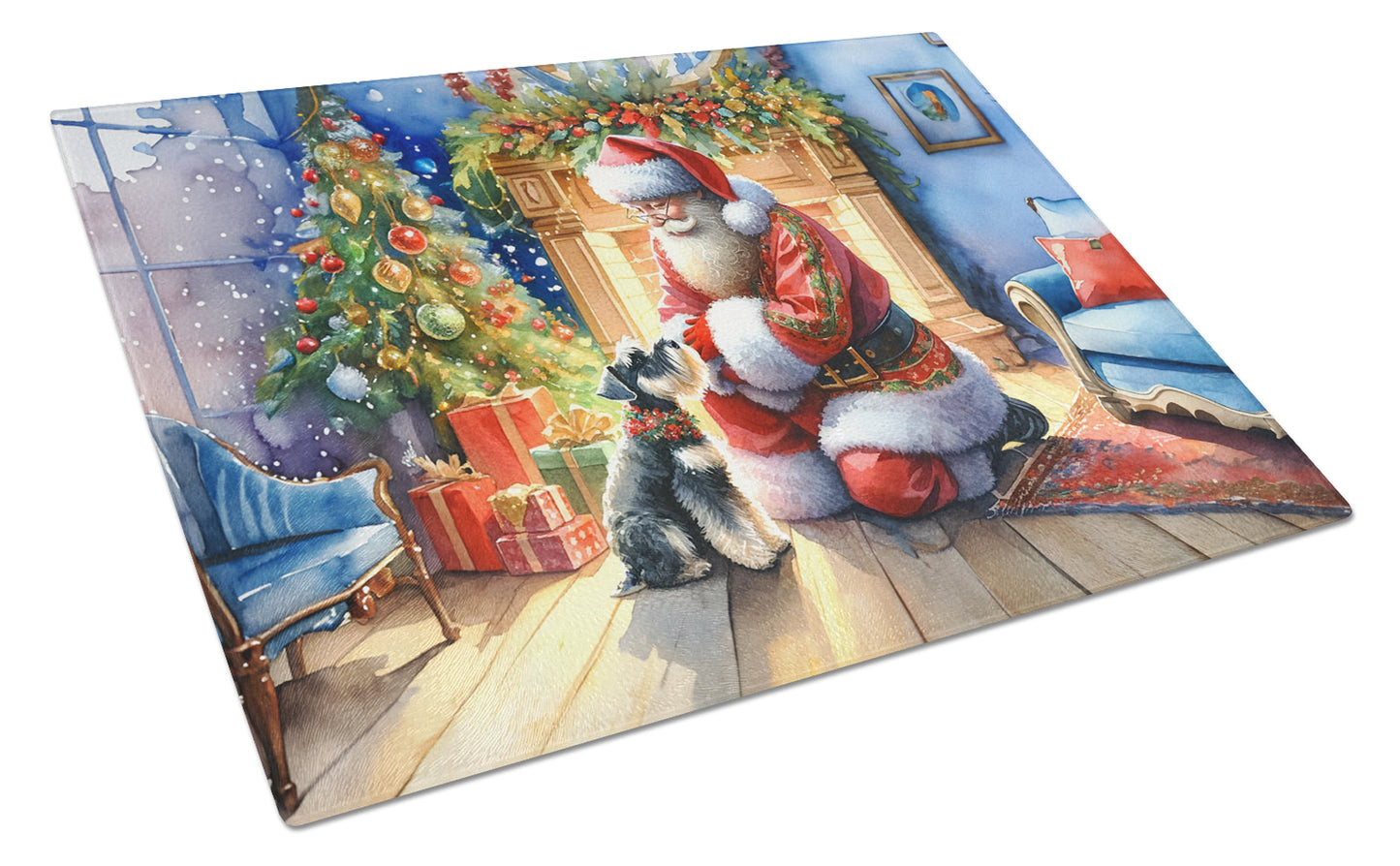 Schnauzer and Santa Claus Glass Cutting Board 12 in x 15 in