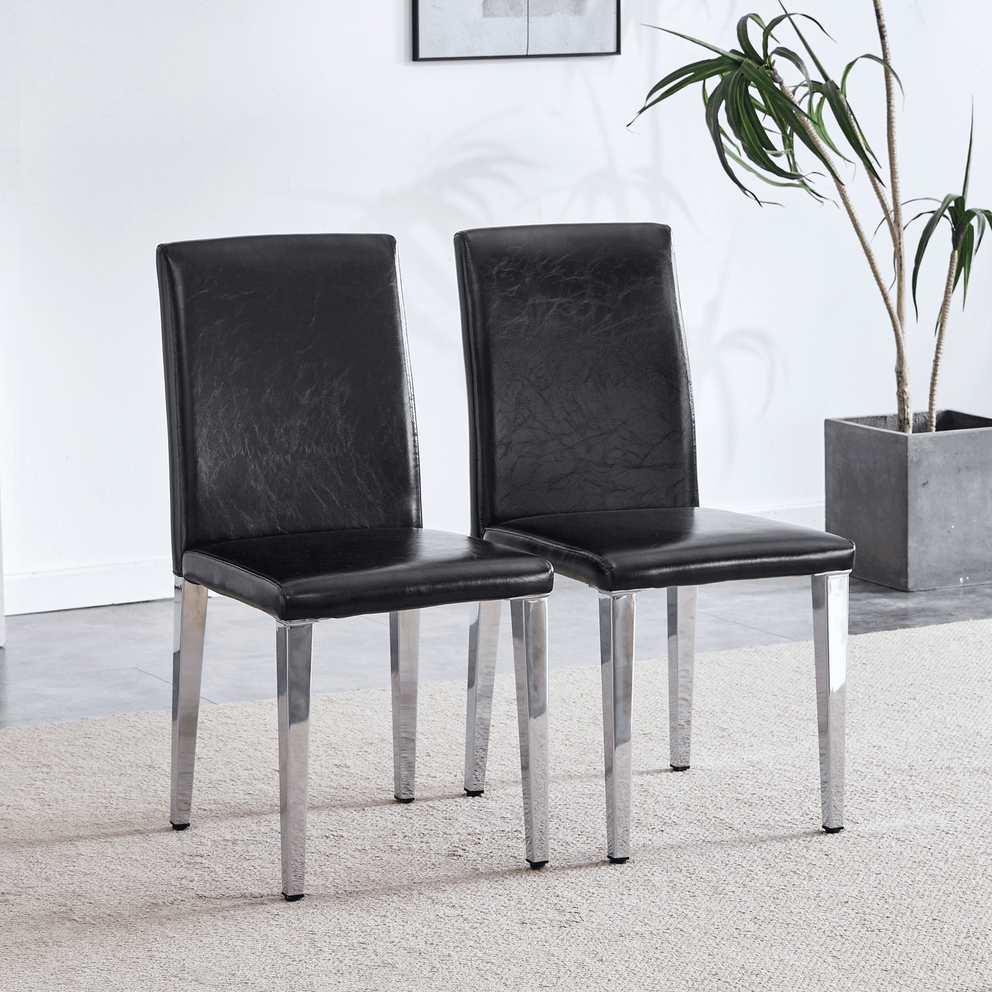 Set of 2 Black Pu Backrest Chairs with Silver Metal Legs -A Perfect Match for Minimalist and Modern Home Styles, with Dimensions of 16.2*18.5*34.6 Inches